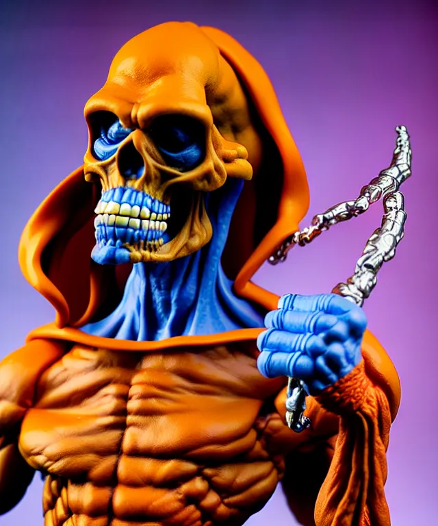 Image similar to hyperrealistic rendering, skeletor, by art of skinner and richard corben and jeff easley, product photography, action figure, sofubi, studio lighting, colored gels