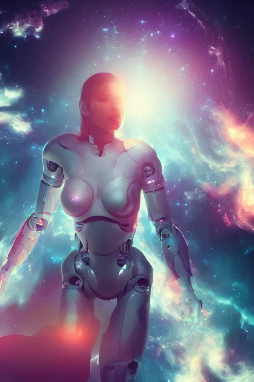 Image similar to woman cyborg floating in space letting go of reality and experiencing the quantum feild, matte painting comic book art, cinematic, highly detailed, realistic, beautiful cosmic neural network, octane render, unreal engine, depth of field, trending on artstation, sharp focus, philosophical splashes of colors