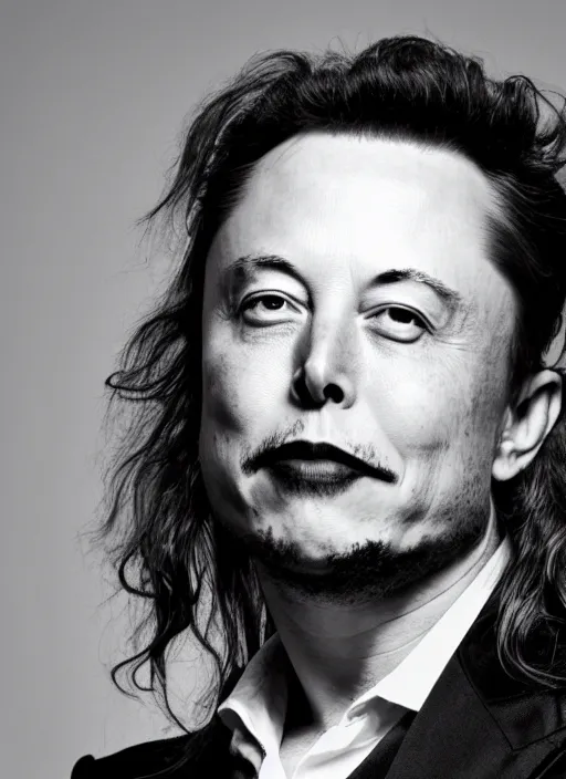 Image similar to A black and white, high contrast portrait of Elon Musk. He has very long hair and a beard. Looks like an old hippie