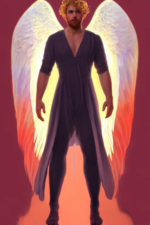 Image similar to symmetrical fullbody portrait of a beautiful young fit male angel with curly blond hairs, fulldressed in long fluent clothes, majestic big red bat wings, luminous fire halo, by greg rutkowski and alphonse mucha, gradient white to gold, in front of an iridescent background, highly detailed portrait, digital painting, artstation, concept art, smooth, sharp focus illustration