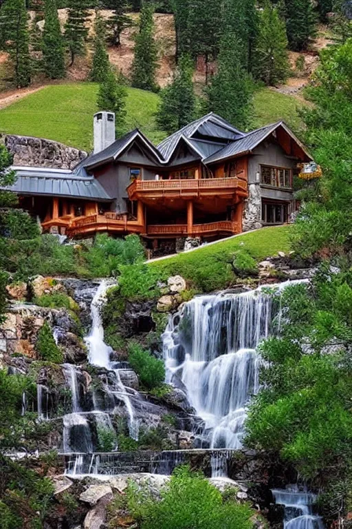 Prompt: Beautiful mountain side ranch, waterfall, modern mansion