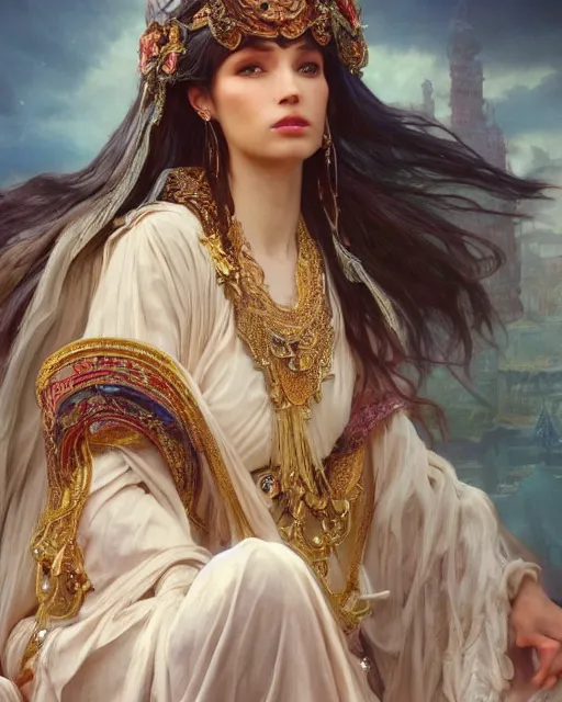 Image similar to a beautiful close up portrait of a sorceress sitting with elegant looks, flowing robe, ornate and flowing, intricate and soft by ruan jia, tom bagshaw, alphonse mucha, krenz cushart, beautiful roman architectural ruins in the background, epic sky, vray render, artstation, deviantart, pinterest, 5 0 0 px models