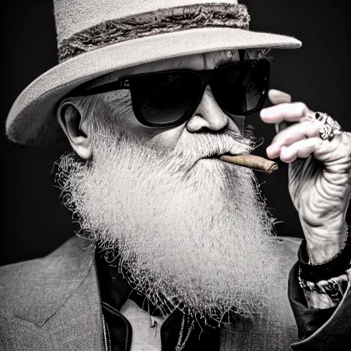 Image similar to billy gibbons smoking a cigar, ( sony a 7 r iv, symmetric balance, polarizing filter, photolab, lightroom, 4 k, dolby vision, photography awardm, voque, perfect face )