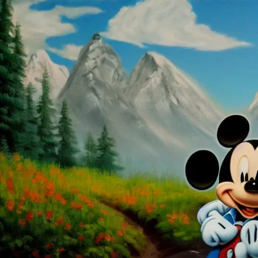 Image similar to a closeup photorealistic photograph of bob ross working on a canvas painting of mickey mouse. film still. brightly lit scene. mountains and trees. this 4 k hd image is trending on artstation, featured on behance, well - rendered, extra crisp, features intricate detail, epic composition and the style of unreal engine.