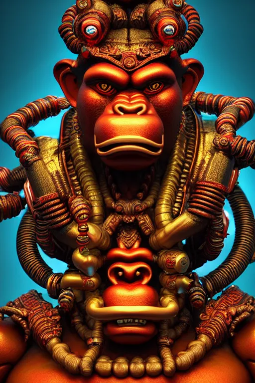 Image similar to high quality 3 d render post - rococo cyberpunk hanuman! head building, neon madhubani, open mouth, highly detailed, in sci - fi new delhi, cinematic smooth unreal engine, lee madgwick & liam wong, dramatic light, low angle, uhd 8 k, sharp focus