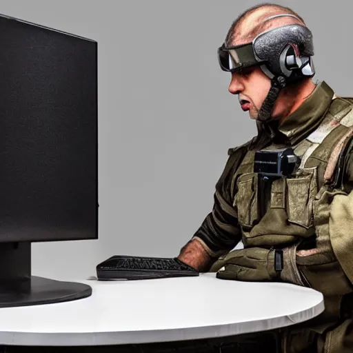 Image similar to angry man in juggernaut armor burning a desktop tower pc with a military flamethrower