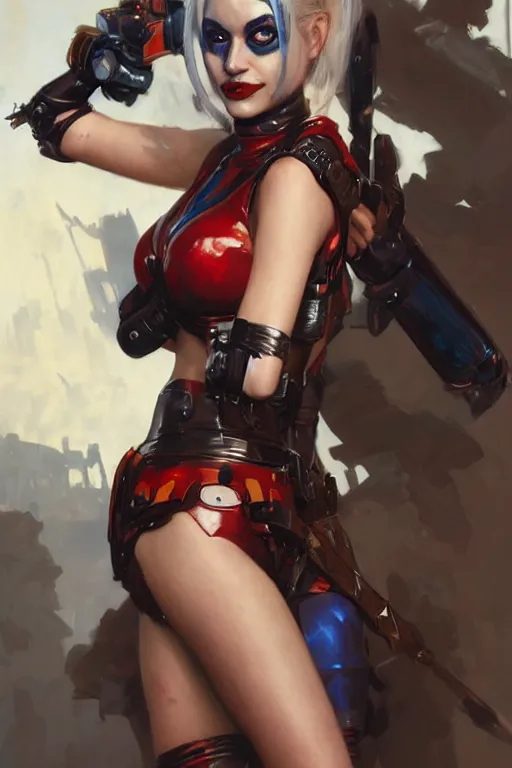 Prompt: Harley Quinn in bikini armor, dc comics, cyberpunk, Warhammer 40000, digital art from artstation by Ruan Jia and Mandy Jurgens and Artgerm and william-adolphe bouguereau