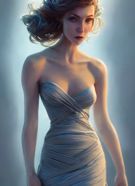 Image similar to beautiful fashion goddness, strapless dress, character portrait in the style of thomas river and artgerm, wlop, cinematic lighting, hyperdetailed, 8 k realistic, symmetrical, global illumination, radiant light, halo, love and mercy, frostbite 3 engine, cryengine, dof, trending on artstation, digital art, chanel