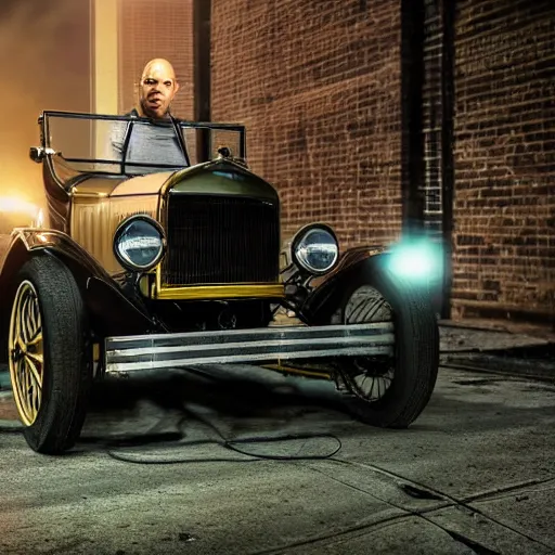 Image similar to very closeup photo of vin diesel as tommy angelo standing near ford model t, chicago 1 9 3 0, night, volumetric lighting, ultra realistic, highly detailed, cinematic, art by jan urschel and neil blevins