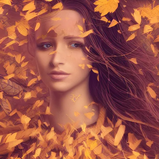 Image similar to a highly detailed digital image of an elegant woman surrounded and engulfed in leaves, matte background, artstation, detailed woman, stunning volumetric lighting, elegant, fantasy, 4k, 8k