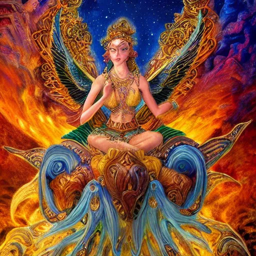 Prompt: goddess by josephine wall, sitting on flying golden ram, checking her phone, erupting volcano in distance, flowers in foreground, sun setting on right side of image, stars in sky on left side of image, trending on artstation, fantasy, intricately detailed