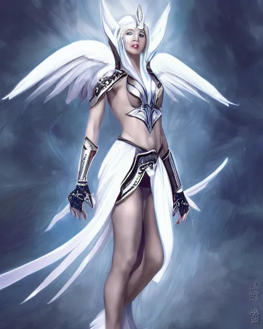 Image similar to perfect white haired egyptian goddess wearing white dove wings, warframe armor, regal, attractive, ornate, sultry, beautiful, dreamy, half asian, pretty face, blue eyes, detailed, scifi platform, 4 k, ultra realistic, epic lighting, android body, illuminated, cinematic, masterpiece, art by akihito tsukushi, voidstar, artgerm