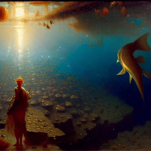 Image similar to point of view of deep in the ocean looking up, you see fishes, higher the milk way, night time, midnight. highly detailed painting by gaston bussiere, greg rutkowski 8 k