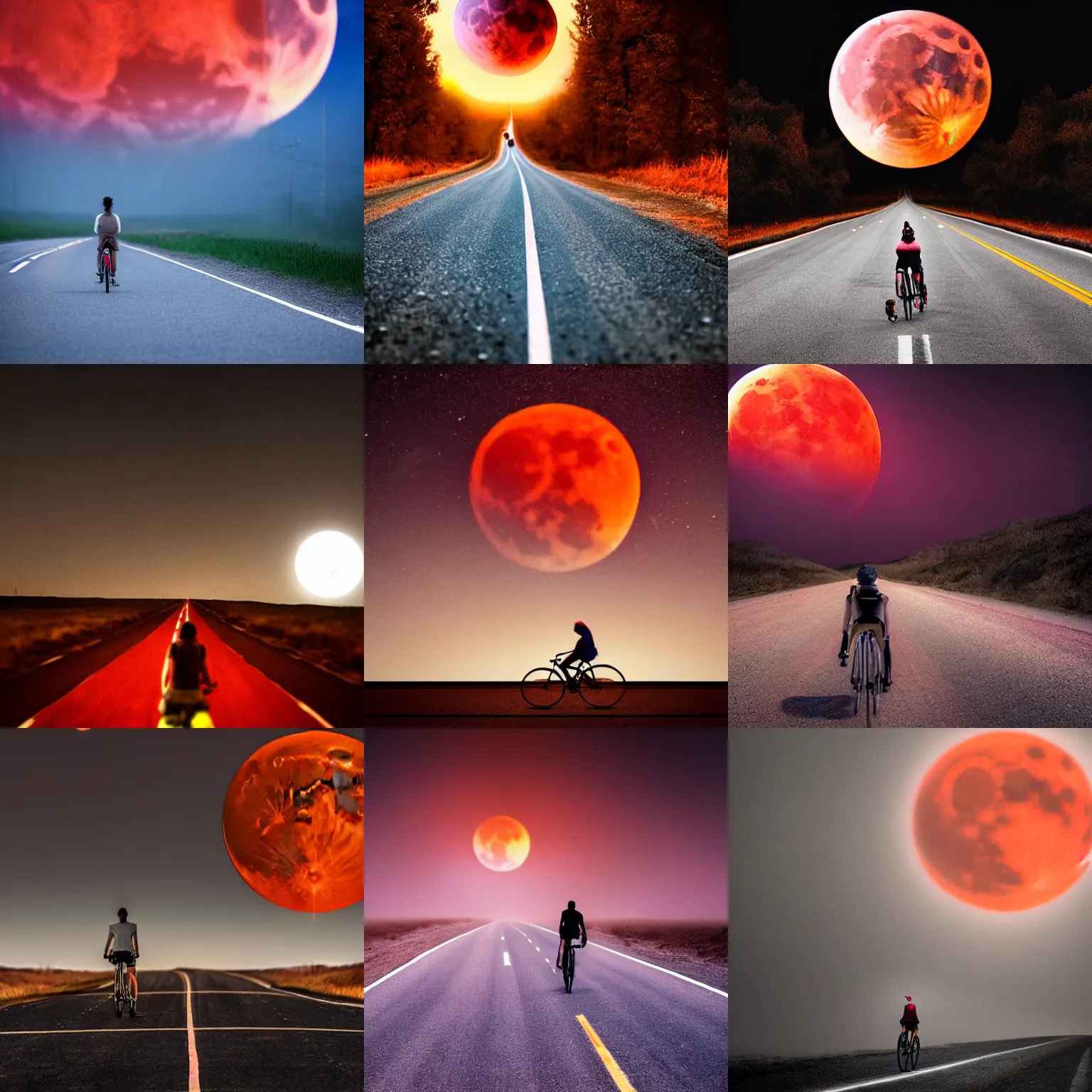 Prompt: high detail award winning photograph of someone riding a bicycle on a long lonely road in front of a giant blood moon, cinematic, atmospheric, spooky, hazy, 8k, tranquil, desolate