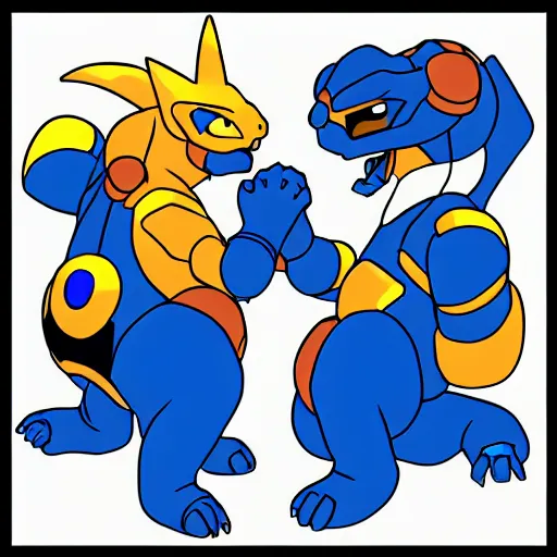 Prompt: blastoise punching charizard in the face wrestling ring in the style of chibi tetsuya