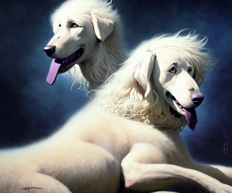 Prompt: beautiful fantasy character portrait of a maremma dog, extra long fur, laying down, ultra realistic, dramatic lighting, the fifth element artifacts, highly detailed by peter mohrbacher, hajime sorayama, wayne barlowe, boris vallejo, aaron horkey, gaston bussiere, craig mullins