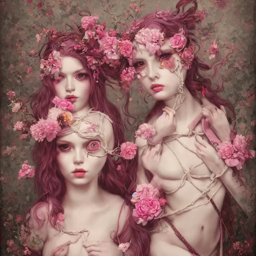 Image similar to pop surrealism, lowbrow art, realistic seductive cute woman painting, pink body harness, long hair, japanese shibari with flowers, hyper realism, muted colours, rococo, natalie shau, loreta lux, tom bagshaw, mark ryden, trevor brown style,