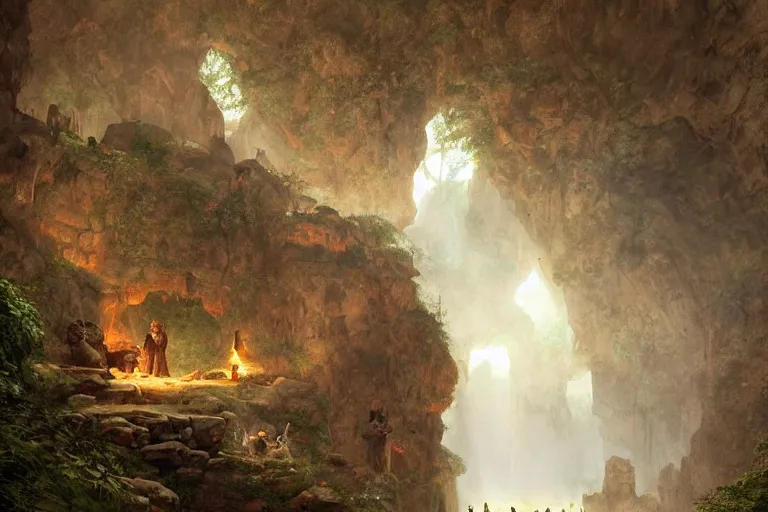 Prompt: stone age rave in a cave, digital art by eugene de blaas, ross tran, and nasreddine dinet, intricately detailed, in the style of romanticism, cinematic, artstation, greg rutkowski