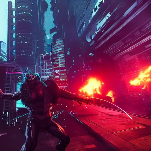 Image similar to cyberpunk lair boss fight, minotaur. cinematic wide shot