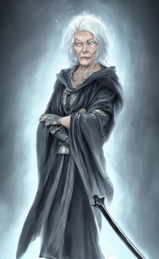 Image similar to an older woman with silver hair and piercing blue eyes. she's wearing a dark, hooded cloak and looks like she knows her way around a sword, dynamic lighting, photorealistic fantasy concept art, trending on art station, stunning visuals, creative, cinematic, ultra detailed