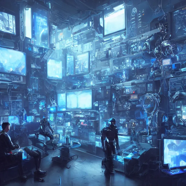 Prompt: hyperrealistic and beautiful painting of cybernetic humans in a technological and gritty room, technological lights, screens, cyberpunk style, 8 k resolution, by hugh ferris and john smith, polished, fine detail, intricate, blue color scheme, cyberpunk style, smooth, octane, concept art, trending on artstation