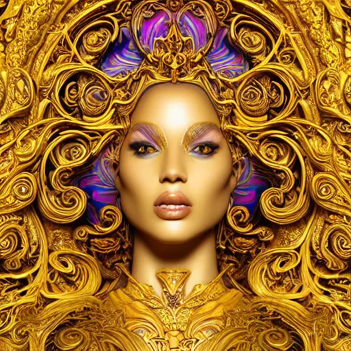 Image similar to psychadelic goddess made of golden marble, beautiful face, hyper detailed, flowing psychadelic background intricate and detailed, ornate 8 k gorgeous intricate detailed, octane render