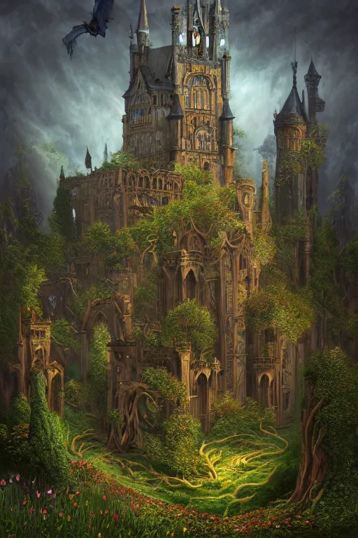 Image similar to a beautiful digital illustration painting of a detailed gothic fantasy castle and roots, dark mushroom, flowers by benoit b. mandelbrot, steven belledin, martin johnson heade, lee madgwick, caspar david friedrich, and david rios ferreira. 8 k resolution trending on artstation concept art digital illustration