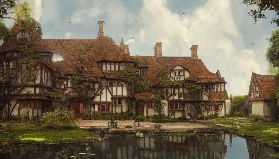 Prompt: portrait of a tudor manor house on a street, fishpond architecture, highly detailed, blue sky, cinematic lighting, digital art painting by greg rutkowski