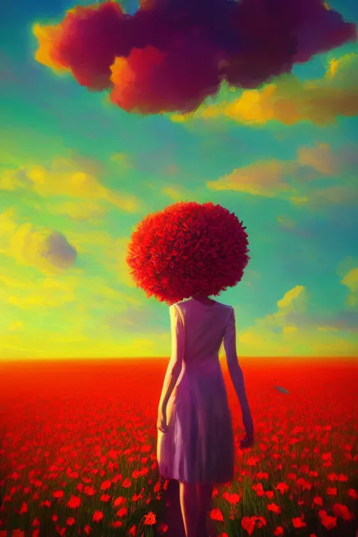 Image similar to giant flower head, girl walking in a flower field, surreal photography, sunrise, dramatic light, impressionist painting, colorful clouds, digital painting, artstation, simon stalenhag