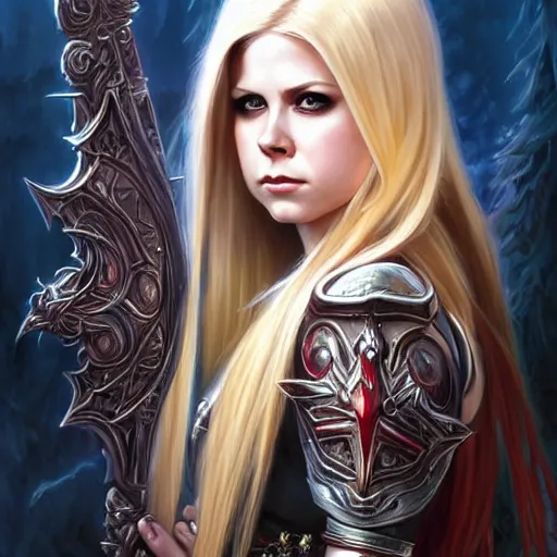 Image similar to Avril Lavigne as a Blood Elf, western, D&D, fantasy, intricate, elegant, highly detailed, digital painting, artstation, concept art, matte, sharp focus, illustration, art by Artgerm and Greg Rutkowski and Alphonse Mucha