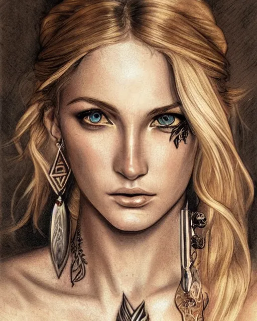 Image similar to tattoo sketch of beautiful greek goddess aphrodite with arrowhead earrings, beautiful piercing eyes, flowing blonde hair, realistic face, hyper realistic, in the style of greg rutkowski, fantasy, amazing detail, epic, intricate, elegant, smooth, sharp focus