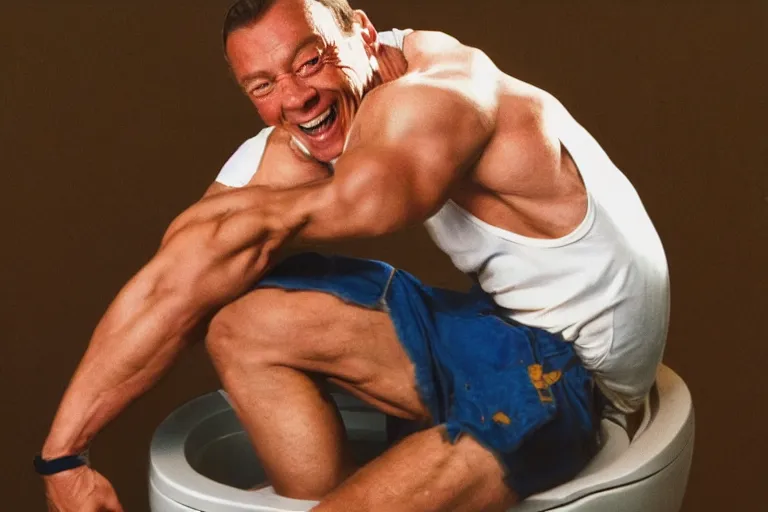 Image similar to hyperrealistic Jean Claude Vandamme doing the splits over a toilet, golden hour, smiling, award winning