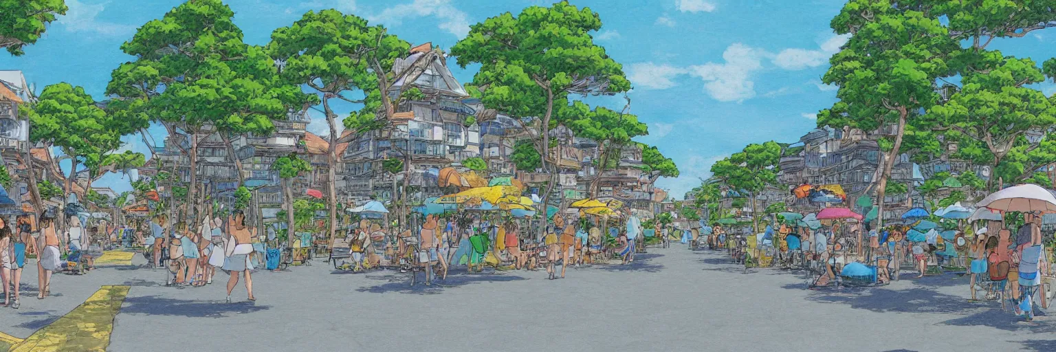 Prompt: summer street near a beach, studio ghibli style