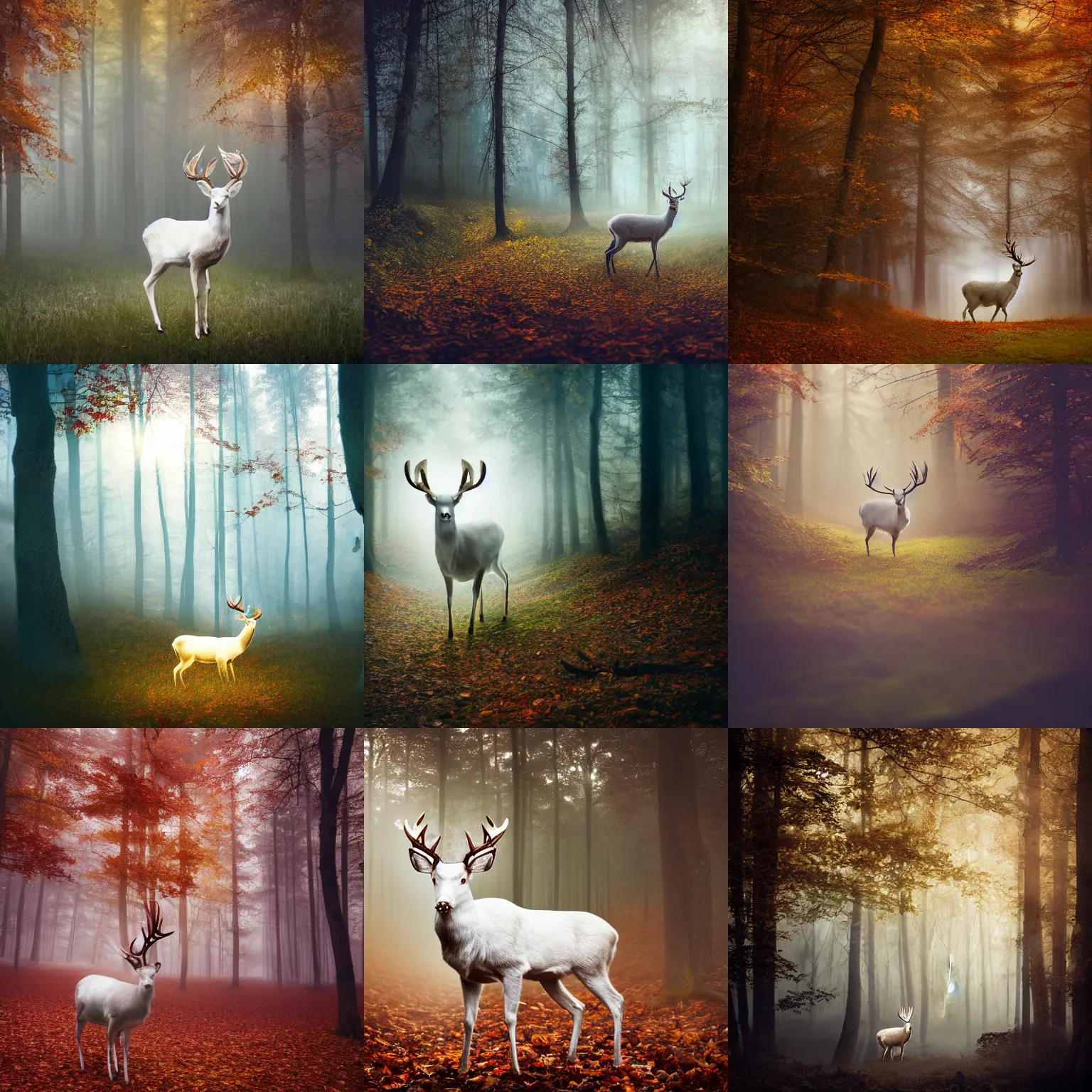 Prompt: a beautiful illustration of a white deer with antler, in a forest, autumn, volumetric light, depth of field, fantasy, morning light, mist, dreamy atmosphere, cinematic shot, high definition, detailed