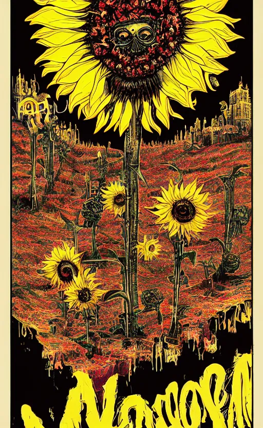 Image similar to 8 k cursed with necronomicon horrorcore cel animation poster depicting sunflowers spattered with blood, intricate, metropolis, 1 9 5 0 s movie poster, post - processing, vector art