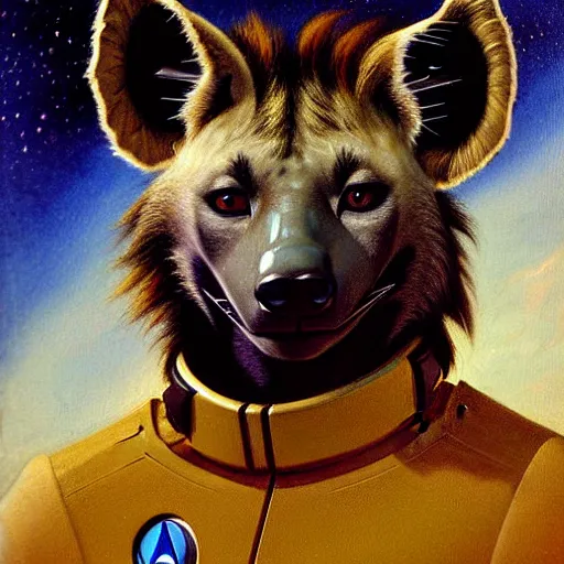 Image similar to a portrait of a hyena hyenaman canine star trek in a starfleet uniform chief engineer. zootopia fursona furaffinity highly detailed painting by gaston bussiere craig mullins jc leyendecker gustav klimt artgerm greg rutkowski furry