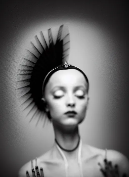 Prompt: surreal mythical dreamy dark artistic black and white fine art fashion portrait photo of a young beautiful delicate female robot - owl - nun praying, spiritual, halo, glory, rim light, cinematic, studio dramatic light, poetic, masterpiece, octane render, 8 k, photo - realistic by william bouguereau man ray