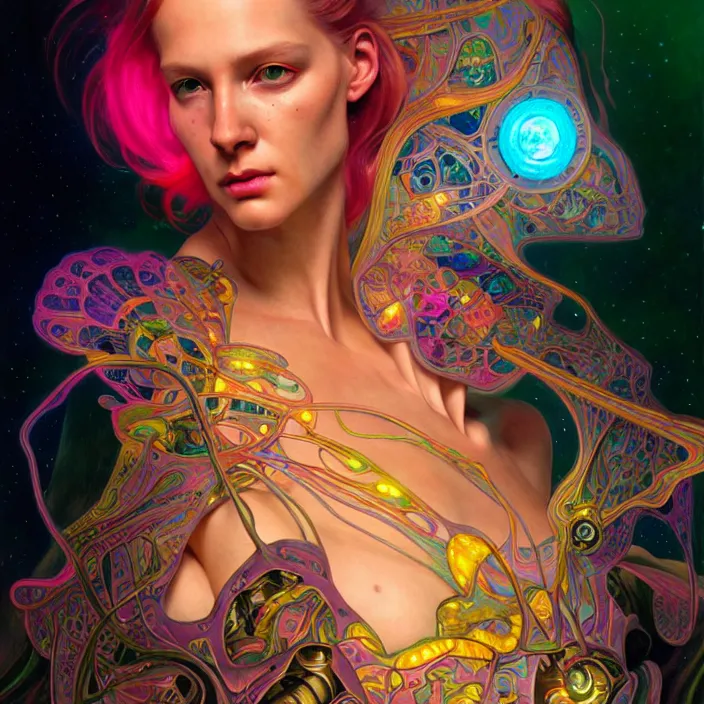 Image similar to bright psychedelic portrait of organic starseed cyborg, diffuse lighting, fantasy, intricate, elegant, highly detailed, lifelike, photorealistic, digital painting, artstation, illustration, concept art, smooth, sharp focus, art by John Collier and Albert Aublet and Krenz Cushart and Artem Demura and Alphonse Mucha