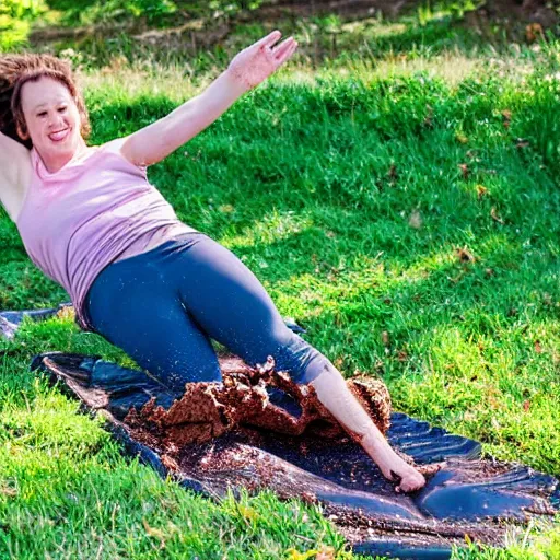 Image similar to adult sliding down chocolate pudding slip n slide legs first, professional photo taken at the park