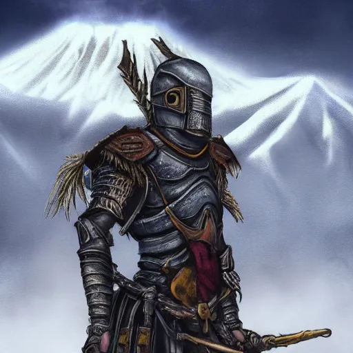 Prompt: realistic portrait of a pale yellow knight in front of mount kilimanjaro, gothic style, festive colors, digital art, trending on artstation, high quality, extreme detail, high quality, hyperdetailed