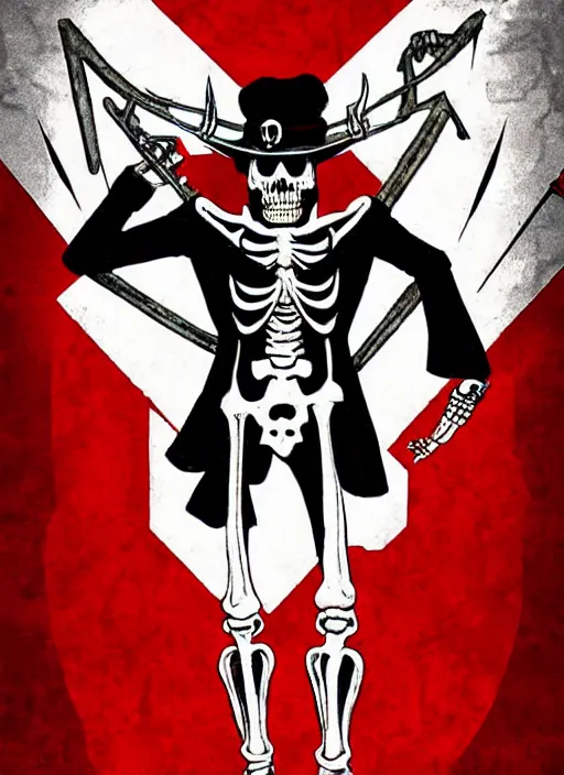 Prompt: shin megami tensei art of a demon that is a skeleton soviet!! soldier!! from 1 9 2 0 s wearing a budenovka!!! with a red star!!, art by kazuma kaneko, demonic! compedium!, law aligned, digital drawing, white background, very high quality, very highly detailed