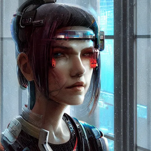 Image similar to portrait of cyberpunk woman looking out of a window, cyberpunk setting, futuristic, highly detailed, intricate lighting, digital painting, sharp focus, illustration, trending on artstation, art by krenz cushart.