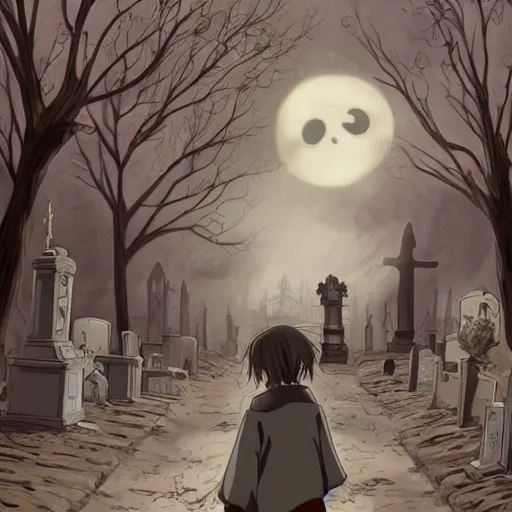 Prompt: anime hd, anime, 2 0 1 9 anime, tim burton children, western artstyle in anime, ghost children, children born as ghosts, dancing ghosts, london cemetery, albion, london architecture, buildings, gloomy lighting, moon in the sky, gravestones, creepy smiles