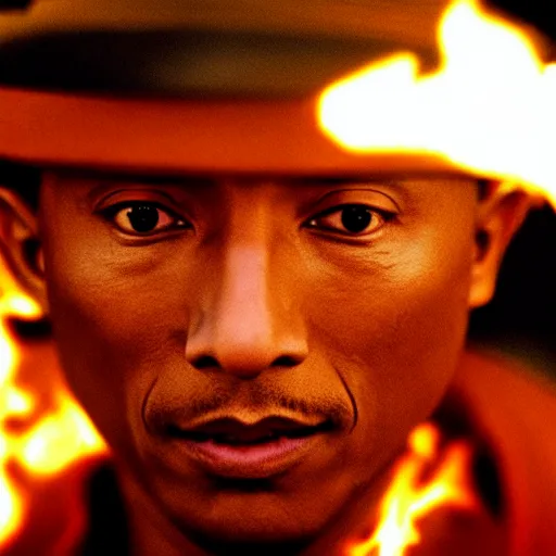 Image similar to cinematic film still Pharrell Williams starring as a Samurai holding fire, Japanese CGI, VFX, 2003, 40mm lens, shallow depth of field,film photography