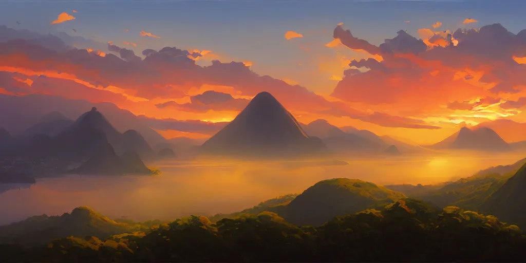 Image similar to iridescent painting of sunset over rio de janiero, panoramic, digital painting, by rhads and moebius