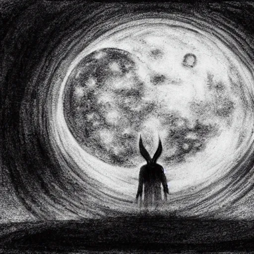 Prompt: Nyarlathotep in the sky silhouetted by the moon as he approaches earth. Street view, charcoal drawing, dynamic lighting, highly detailed, grim.