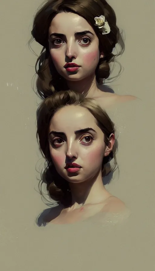 Image similar to hyper - realistic portrait of a ana de armas as a victorian lady by atey ghailan, by greg rutkowski, by greg tocchini, by james gilleard, by joe fenton, by kaethe butcher, dynamic lighting, gradient light yellow, brown, blonde cream and white color scheme, grunge aesthetic