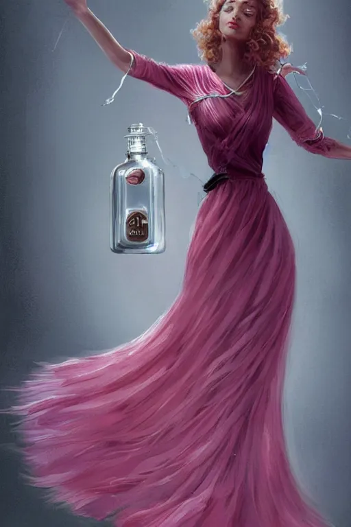 Prompt: a beautiful 4 0 years old chatain hair woman in a pink - red long dress levitates 3 precious little transparent bottle filled with a magic ivory white liquid and a black sticker, fantasy, intricate, elegant, highly detailed, digital painting, artstation, concept art, matte, sharp focus, illustration, greg rutkowski