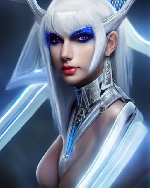 Image similar to perfect white haired attractive egyptian goddess, warframe armor, beautiful, symmetric, dreamy, half asian, pretty face, blue eyes, taylor swift, detailed, scifi platform, laboratory, experiment, 4 k, ultra realistic, epic lighting, android body, illuminated, cinematic, masterpiece, art by akihito tsukushi, voidstar