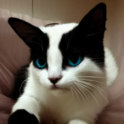 Image similar to an [ [ [ [ calicoooooo ] ] ] ] white black kitty front view blinking : : 1